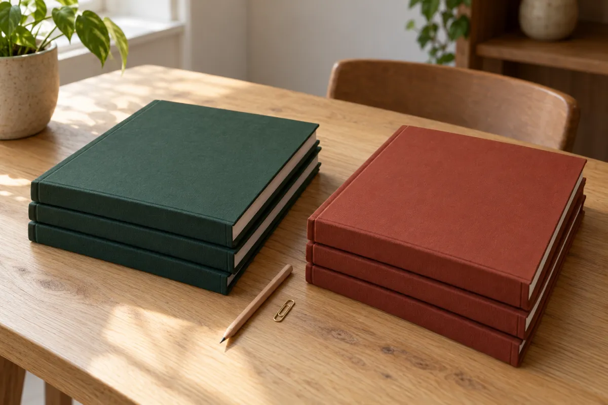 Duas pilhas de dissertações encadernadas, uma de capa verde e outra de capa terracota, com um lápis e um clipe entre elas sobre uma mesa de madeira