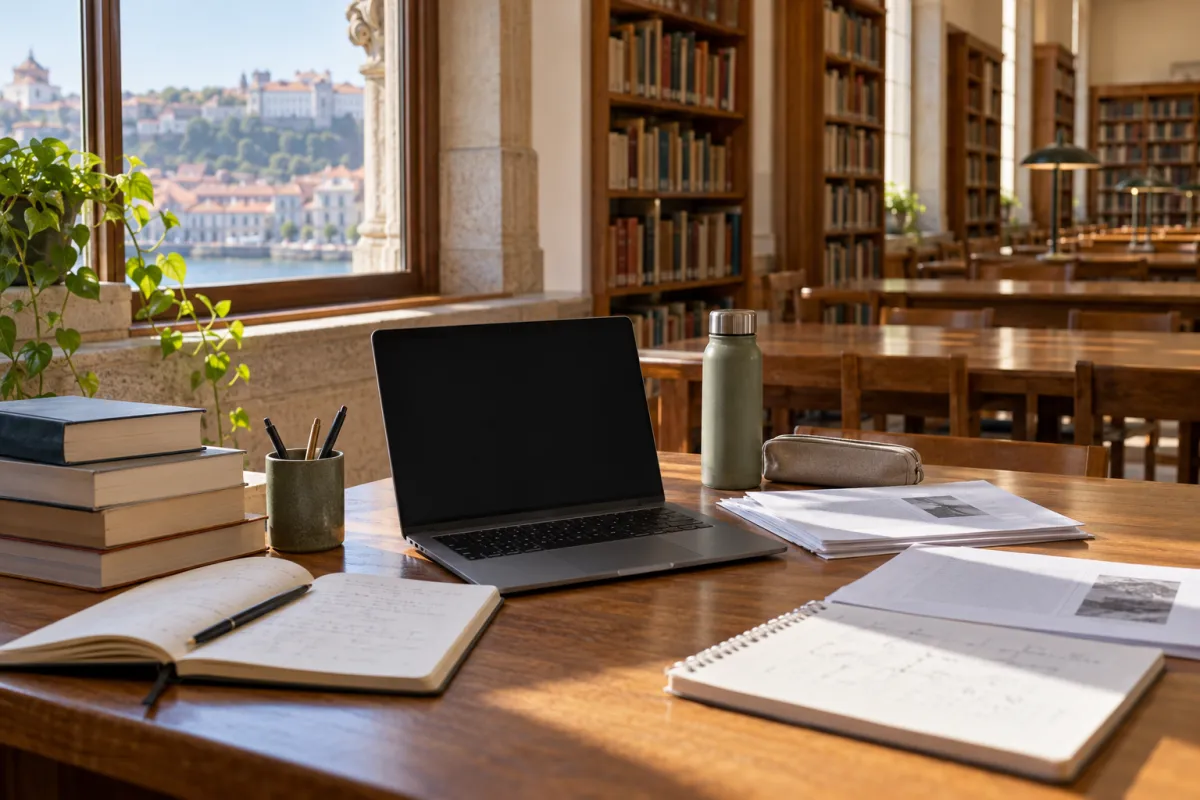 Estudante universitário a usar IA no portátil enquanto escreve a tese numa biblioteca