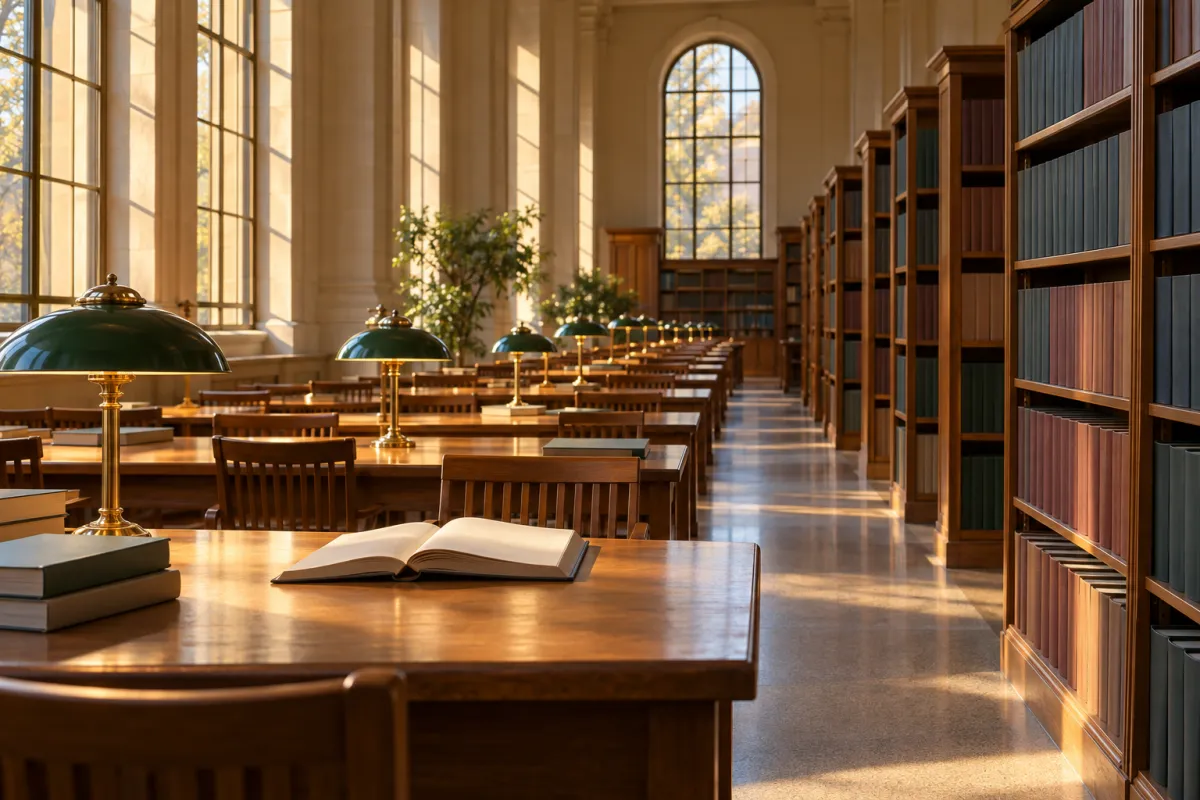 Sala de leitura de biblioteca universitária com volumes de revistas científicas encadernados