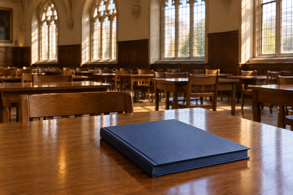 Dissertação encadernada sobre a mesa de uma sala de provas universitária vazia