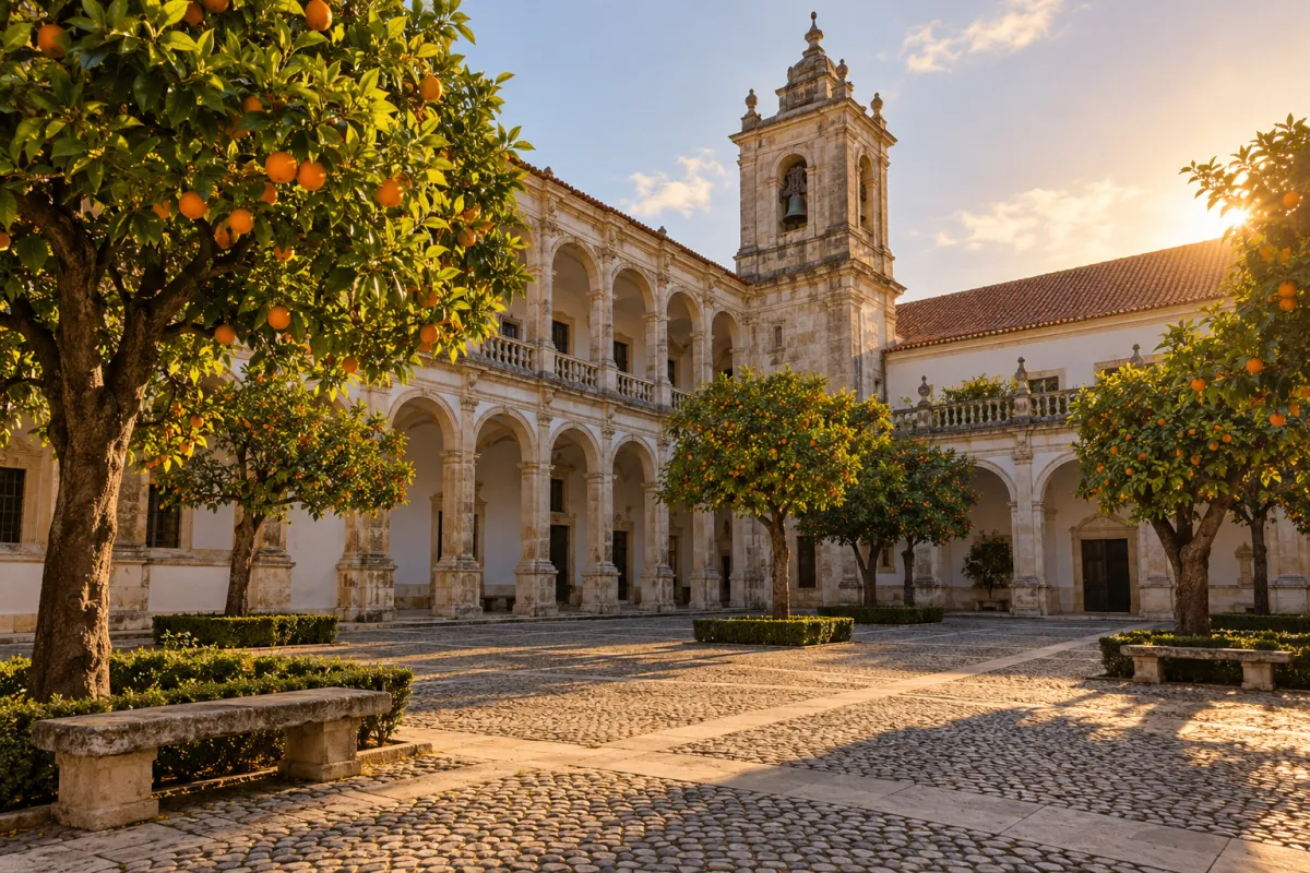 Pátio de uma universidade portuguesa histórica com arcadas de pedra ao fim da tarde