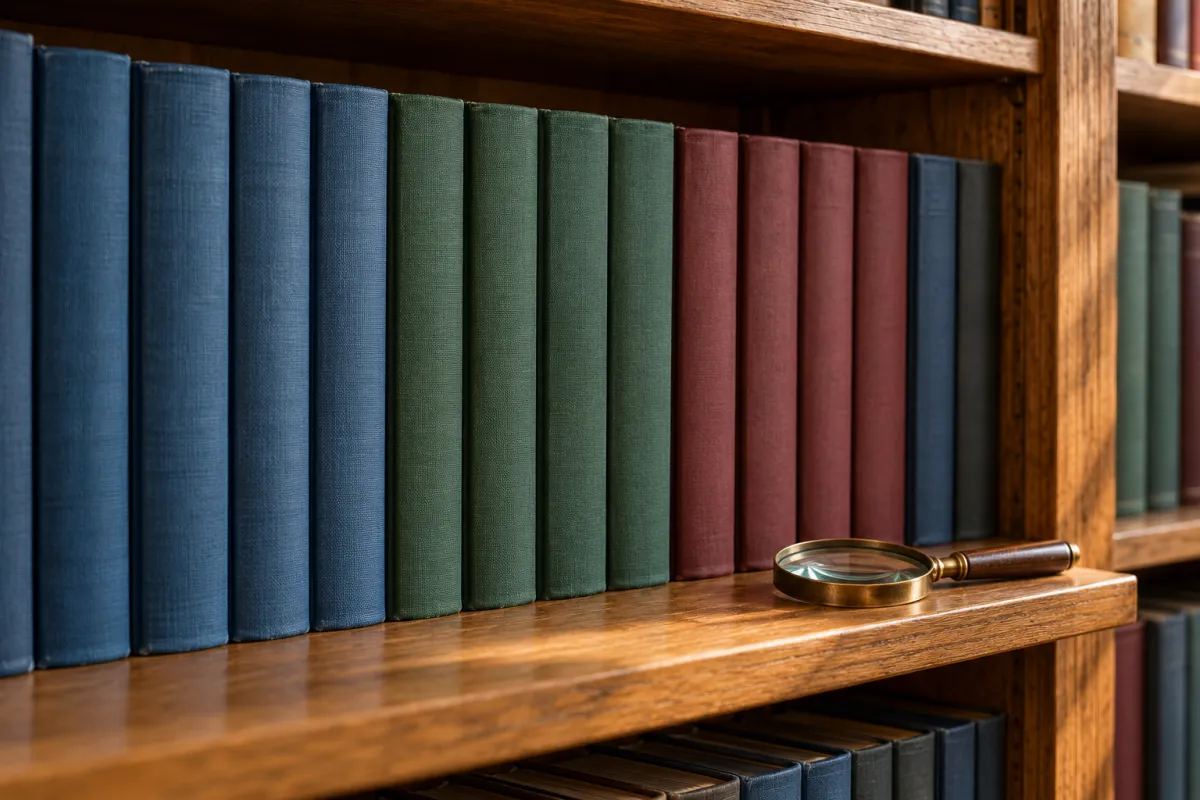 Volumes encadernados de revistas científicas alinhados numa estante com uma lupa