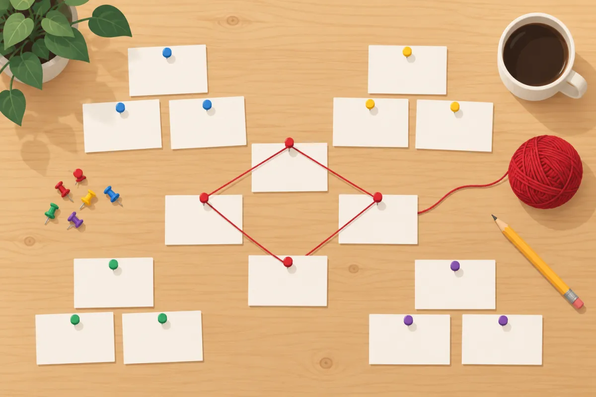 Fichas em branco agrupadas e conectadas por barbante sobre uma mesa, simbolizando a organização de ideias de tema por área