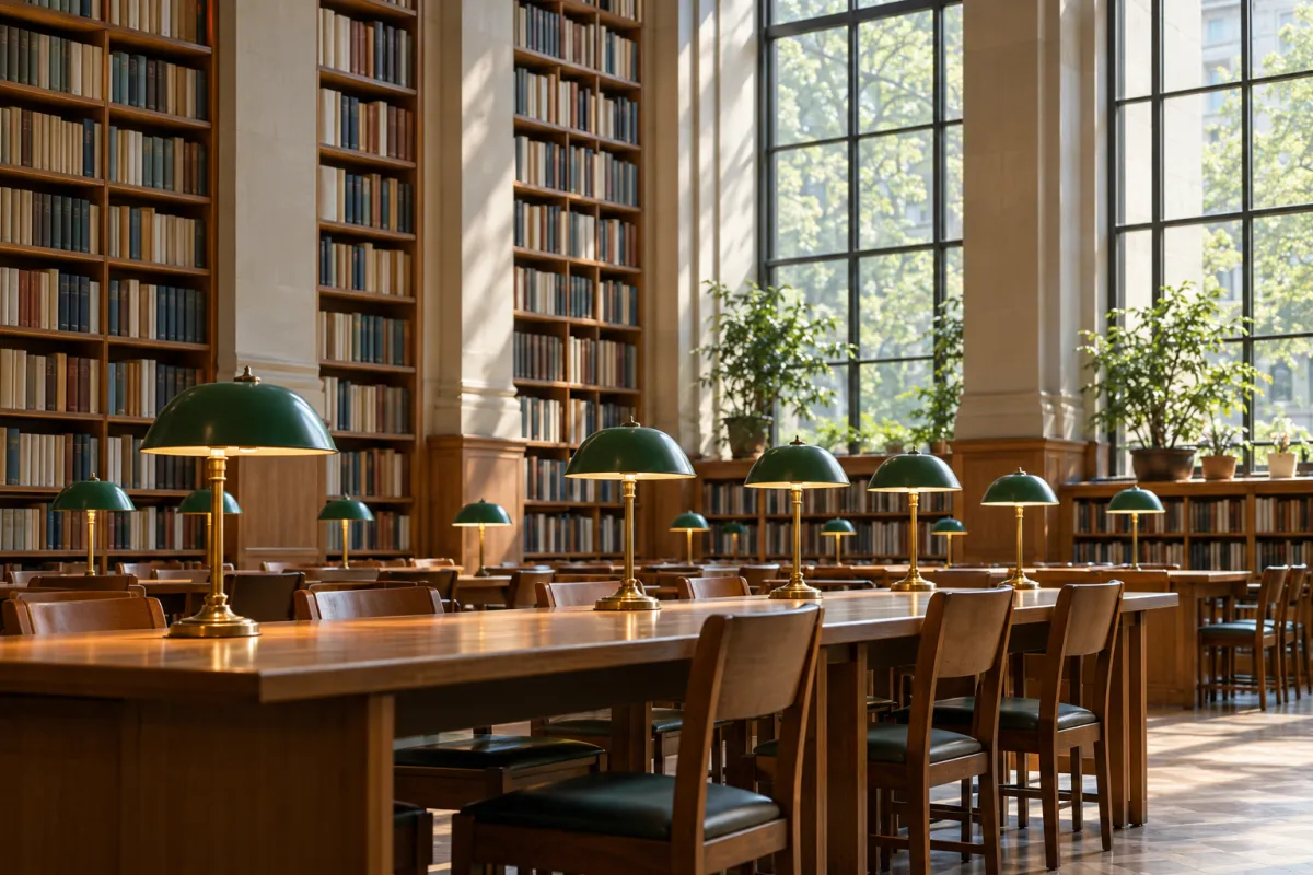 Sala de leitura de uma biblioteca universitária com mesas de madeira e candeeiros verdes